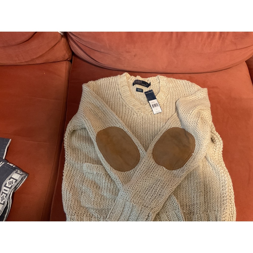 Polo Ralph Lauren Linen Silk Chunky Knit V-Neck Sweater Elbow Patches Tan M - Picture 3 of 5